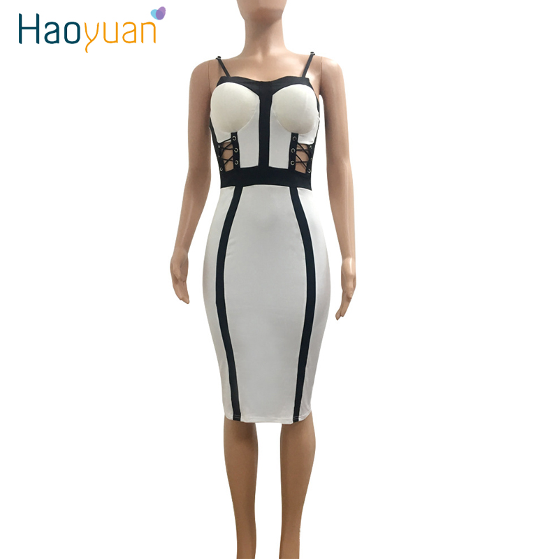 HAOYUAN 2017 Women Sexy Bodycon Dresses Sundress Fashion Robe White And Black Patchwork Spaghetti Strap Sleeveless Summer Dress q1110