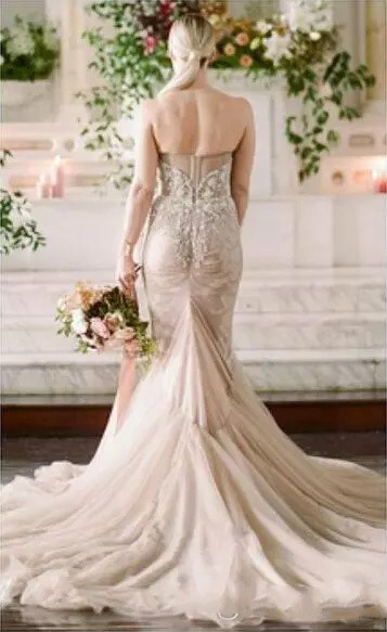 Inbal Dror Champagne Mermaid Wedding Dresses Luxury Beaded Sweetheart Boning Fishtail Country Wedding Gowns Cathedral Train Plus Size Bridal
