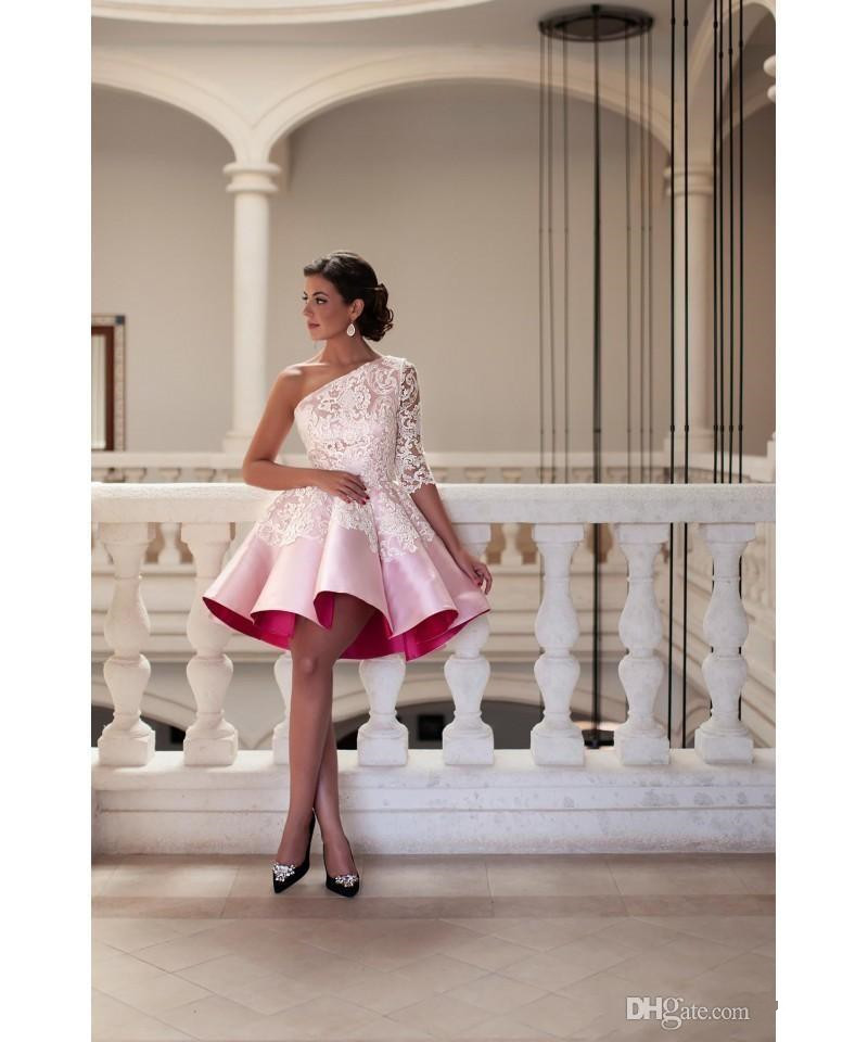 2019 Cheap Cocktail Dresses One Shoulder Newest Satin Lace Applique A Line Short Homecoming Dress Prom Party Gowns Baby Pink