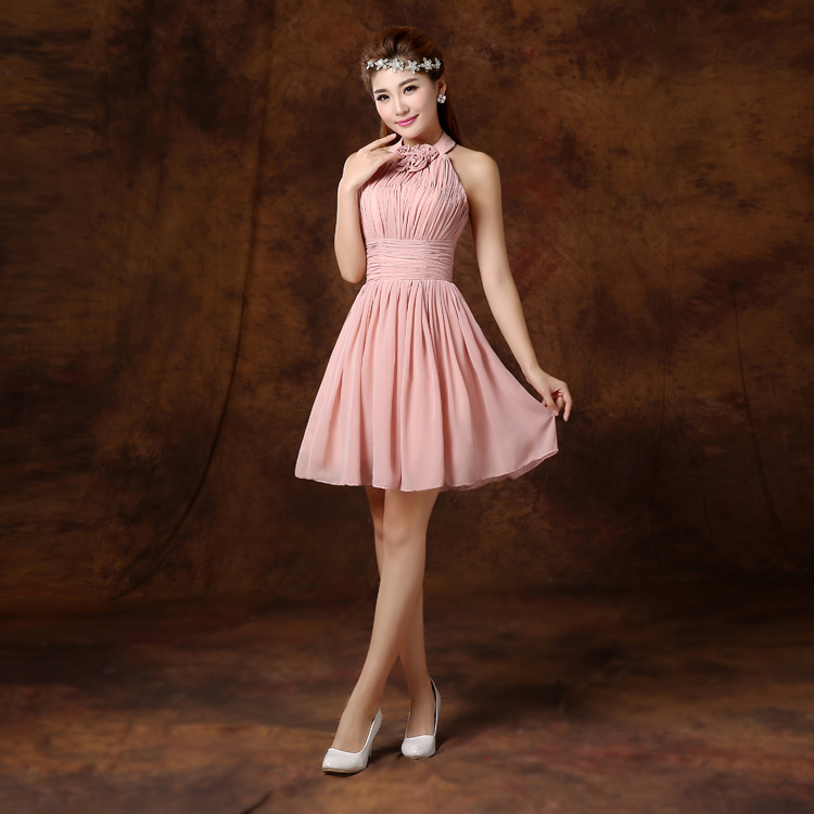 Pleated Short Chiffon Bridesmaid Dress Nude Pink Ball Gown Bridesmaids Formal Dresses Lace Up 6 Styles Mixed Order