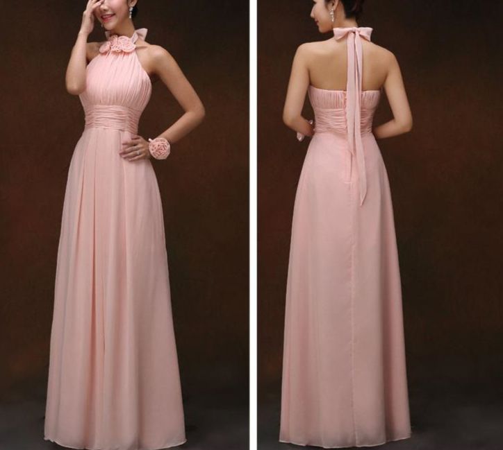 Pleated Long Chiffon Bridesmaid Dress Nude Pink Floor Length A Line Bridesmaid Gowns Lace Up