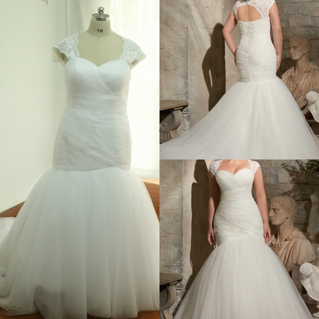 Vintage Plus Size Mermaid Wedding Dresses Lace Applique Pleats Cheap Trumpet Bridal Gowns Sweep Train Cap Sleeve Wedding Gowns, Ivory
Vintage Plus Size Mermaid Wedding Dresses Lace Applique Pleats Cheap Trumpet Bridal Gowns Sweep Train Cap Sleeve Wedding Gowns, Ivory