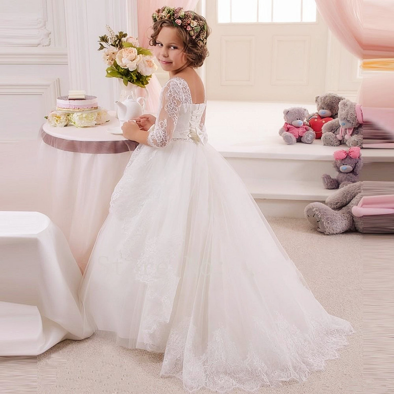 Little Flower Girl Wedding Dresses With Long Sleeves Lace Kids Girls Lace Pageant Wedding Gowns White First Communion Dresses For Party