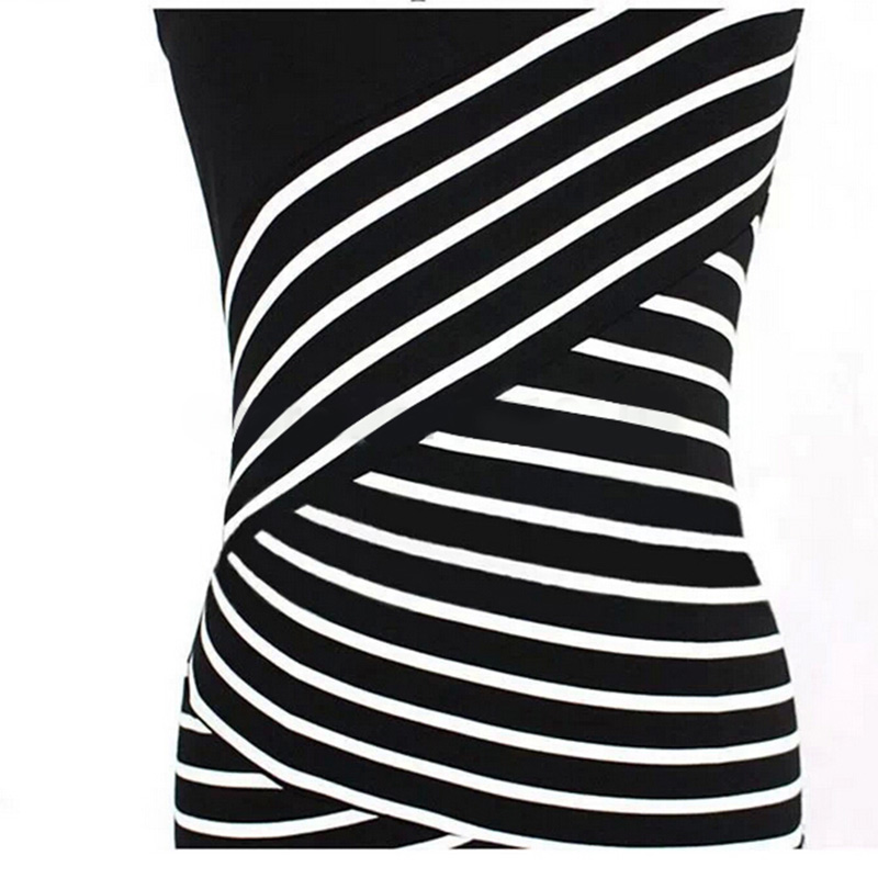 Elegant Women Summer V Neck Dress Black and white stripe Stitching Pencil Dresses Lady Knee-Length Party Bodycon Dress