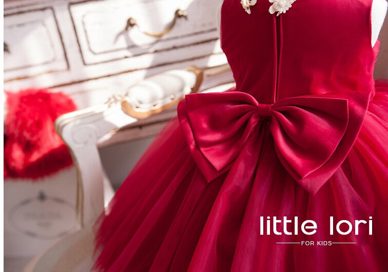 Elegant Girl Summer Dresses 2016 Red Chiffon Girls Wedding Party Birthday Dress Girl Baptism Vestidos with Big Bow 6M-12Y