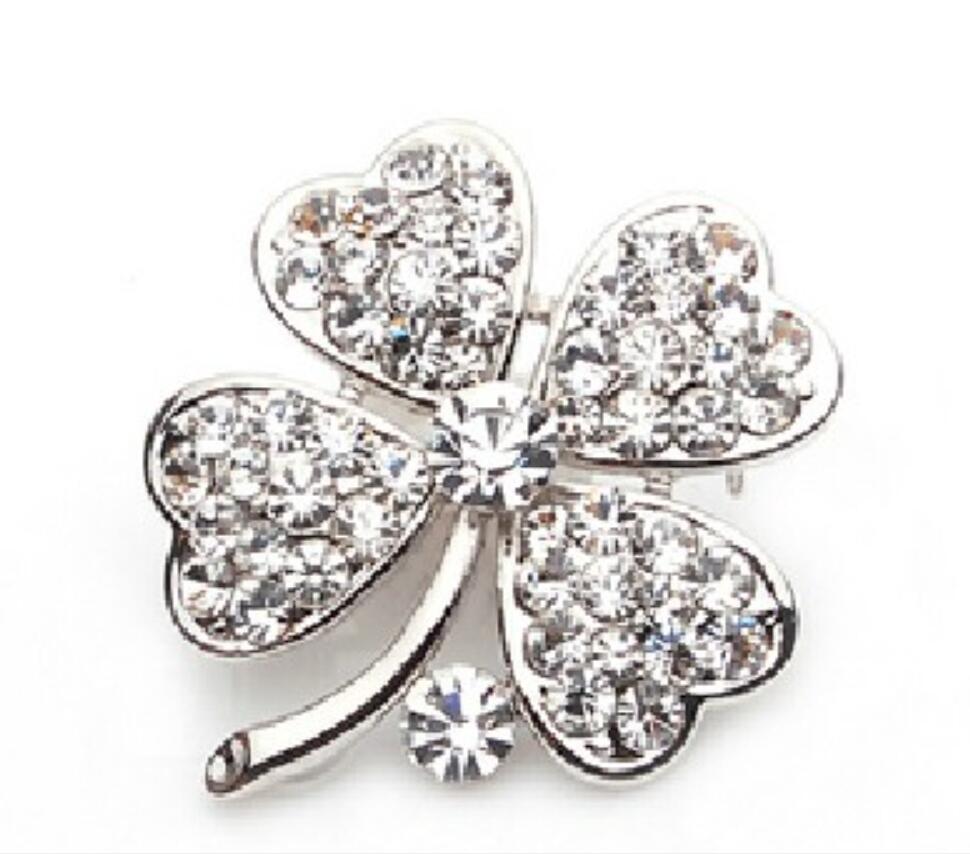 Silver Plated Clear Rhinestone Crystal Clover Leaf Pin Brooch