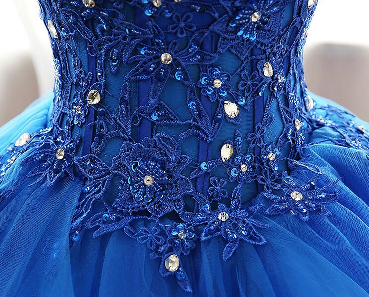 Fancy Royal Blue Prom Dress Ball Gown Quinceanera Dresses Strapless Lace-up Back Organza Layers Tulle Floral Applique with Shining Sequins