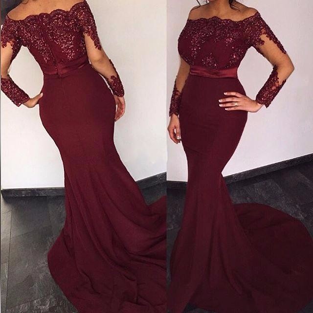 Burgundy Mermaid Evening Dresses 2023 Boat Neck Sheer Appliques Lace Long Sleeve Women Sexy Beaded Prom Gowns Cocktail Party Dress, Royal blue