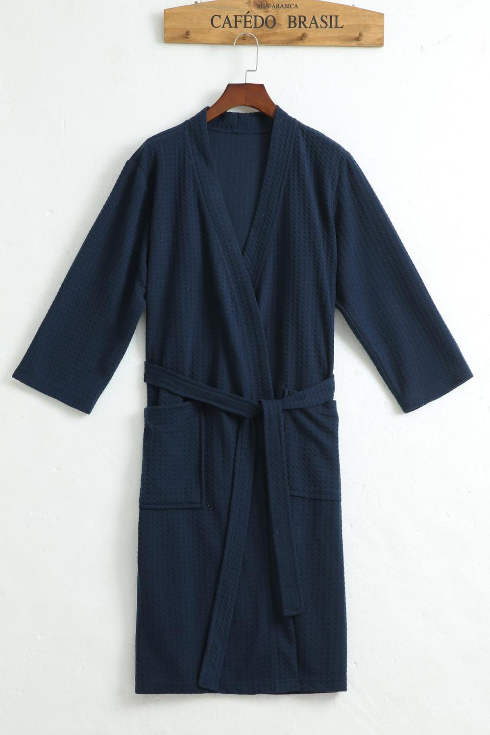 Wholesale-Kimono Bath Robe Sexy Unisex Mens Bathrobe Men Women Waffle Robes Three Quarter Sleeve Peignoir Homme V-Neck Badjas Sleep Lounge