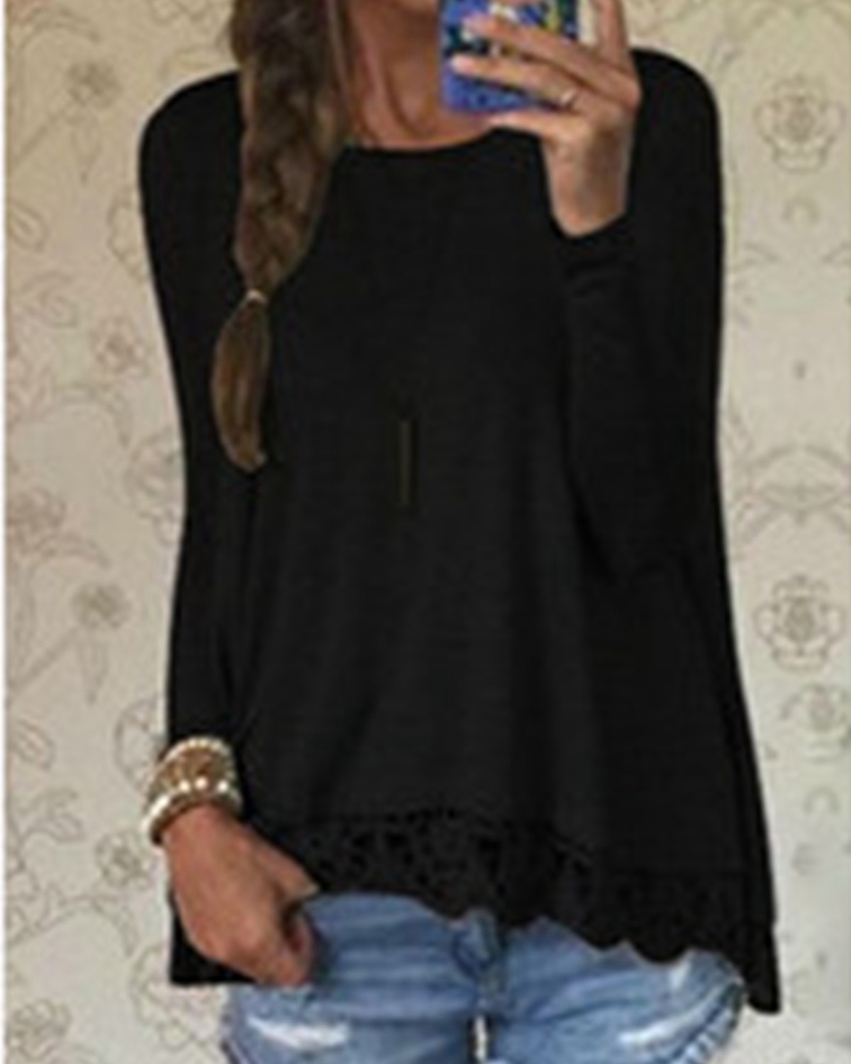 Wholesale-New Fashion 2016 Autumn T Shirt Women Long Sleeve O-Neck Casual Tops Sexy Lace Crochet Top Tees Blusas Plus Size