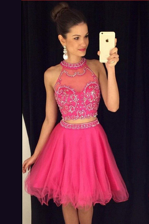 Fuchsia Crystal Two Pieces Prom Dress Short Tulle Skirt A-line Halter Homecoming Dresses Evening Party Dress