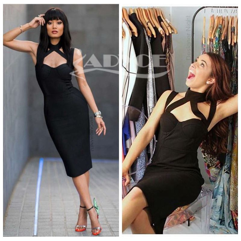 new women sexy black bodycon dress strap midi split on back women sexy evening party knee length bandage Dress wholesale