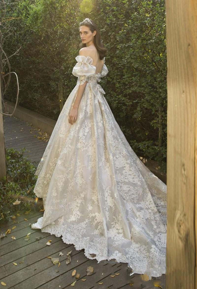 Fairy Lace Wedding Dresses Off Shoulder Juliet Short Sleeve a Line Bridals Gowns Sexy Backless Sweep Train Wedding Dresses With Bow