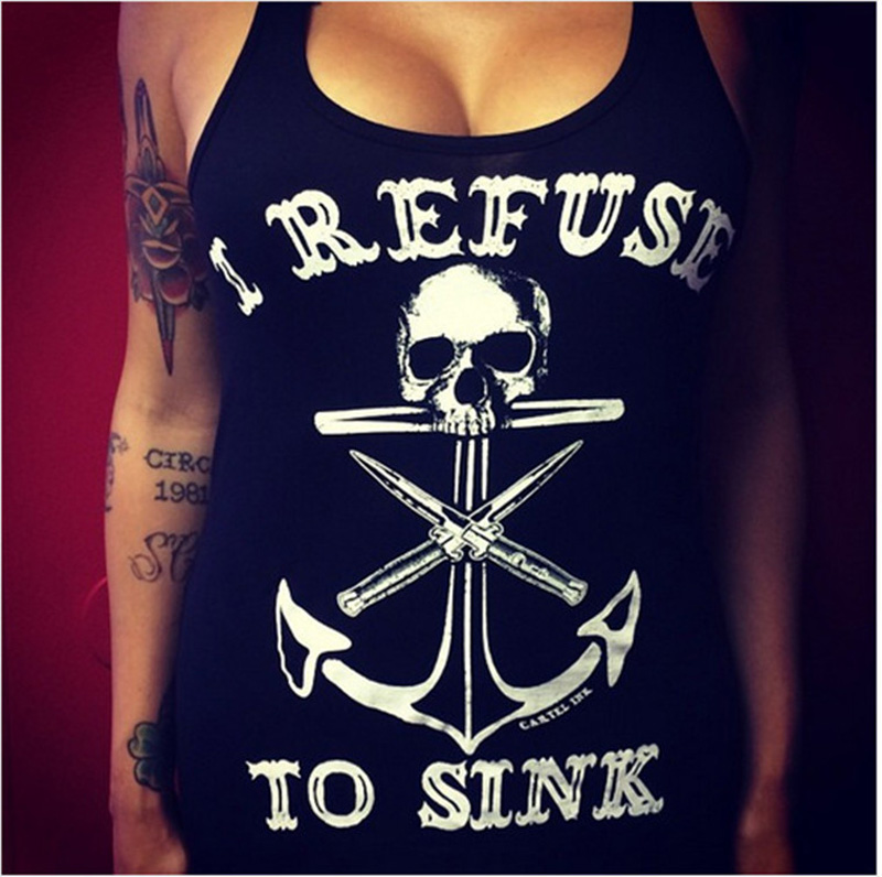 Wholesale-tops femme I refuse to sink tank tops women 2016 fashion anchor skull print graphic tank top ladies plus size sexy top shirt