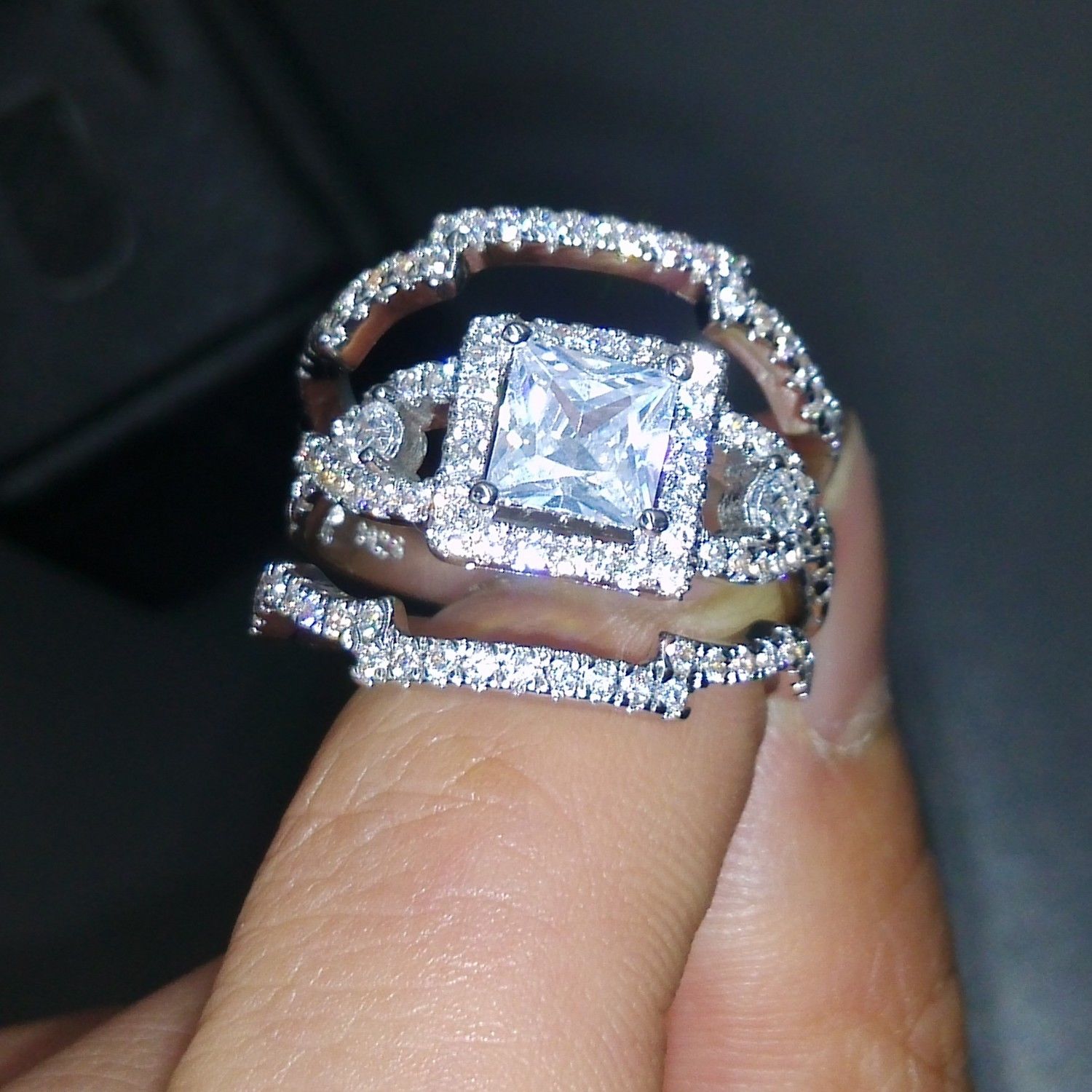 Vintage Princess Cut Sterg Sier Wedding Engagement Band Ring with Simulated Dias