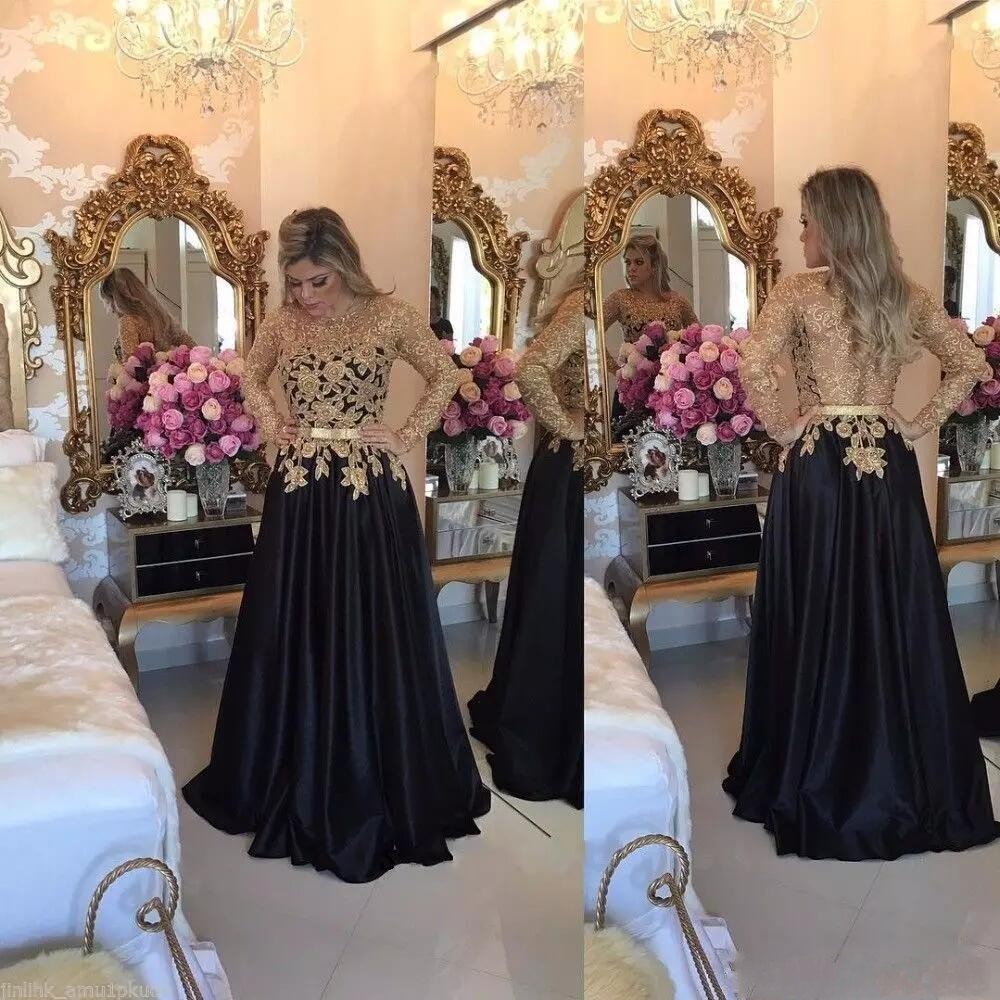 gold applqiue black dresses floor length long sleeves aline vintage evening dresses custom made evening gown