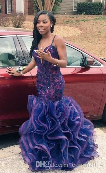 African Mermaid Prom Dresses Arabic Dubai Sexy Backless Navy Blue Lace Black Girl Red Party Evening Gowns Ruffles Long Sweet 16