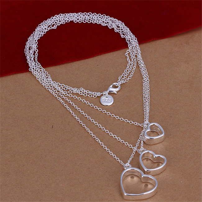 Hot sale Three-wire three heart necklace sterling silver plate necklace STSN038,fashion 925 silver necklace factory sale christmas gift