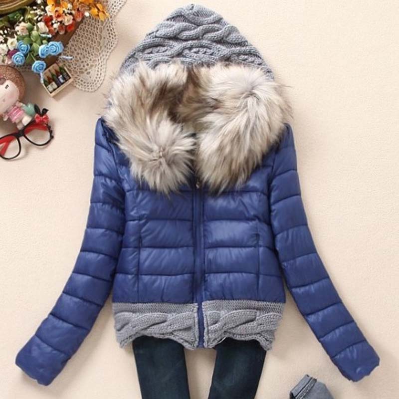 Wholesale- 1PC Winter Jacket Women Winter Coat Cotton Padded Short Jackets Knitted Hood Fur Collar Chaquetas Mujer Jaqueta Feminina Z005
