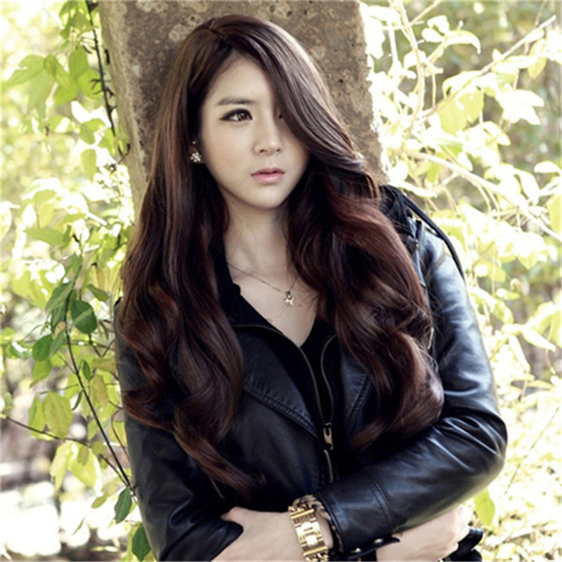 WoodFestival long black wig with bangs women brown curly synthetic wigs heat resistant ladies big wave hair for women