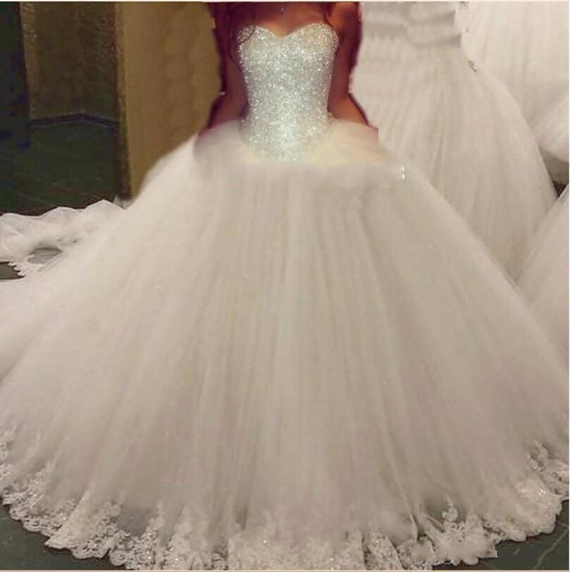 2016 Cheap Vestidos Bling Dresses Ball Gown Crystal Mor Beading Lace Appliques Long Wedding Dress Sweep Train Formal Bridal Gowns