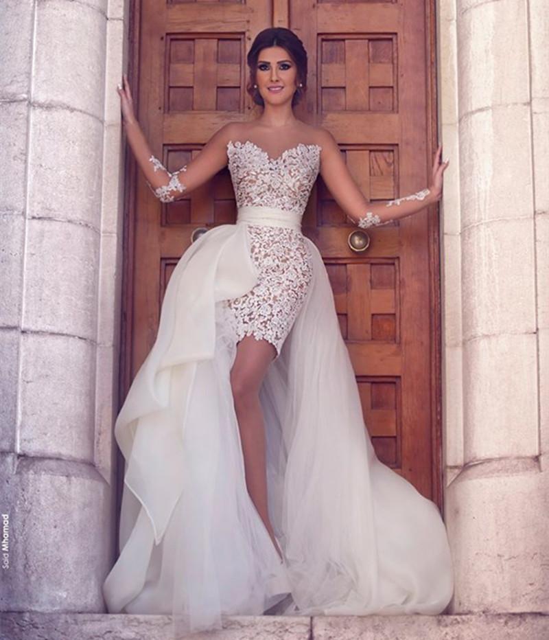 Arabic Long Sleeve Detachable Skirt Lace Dresses Illusion Bridal Dress Vestidos De Noiva Applique Short Wedding Gowns Customize 0510