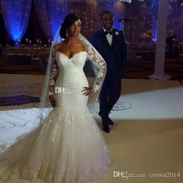 Long Sleeves Lace Mermaid Wedding Dresses South Africa Sheer Applique Plus Size Church Bridal Gowns Court Train White Wedding Gown