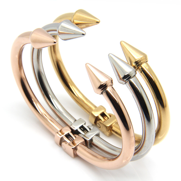 New Arrived Top Quality Stainless Steel Conical Arrows Bracelets Women's 18K Rose Gold Bangle Cone Nail Cuff Bangle, Black
New Arrived Top Quality Stainless Steel Conical Arrows Bracelets Women's 18K Rose Gold Bangle Cone Nail Cuff Bangle, Black