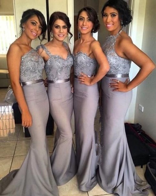 Silver Grey Mermaid Long Bridesmaid Dresses with Applique Lace Ribbon One-Shoulder Vestidos Lady wear Wedding Formal Party Gowns 2016 от DHgate WW