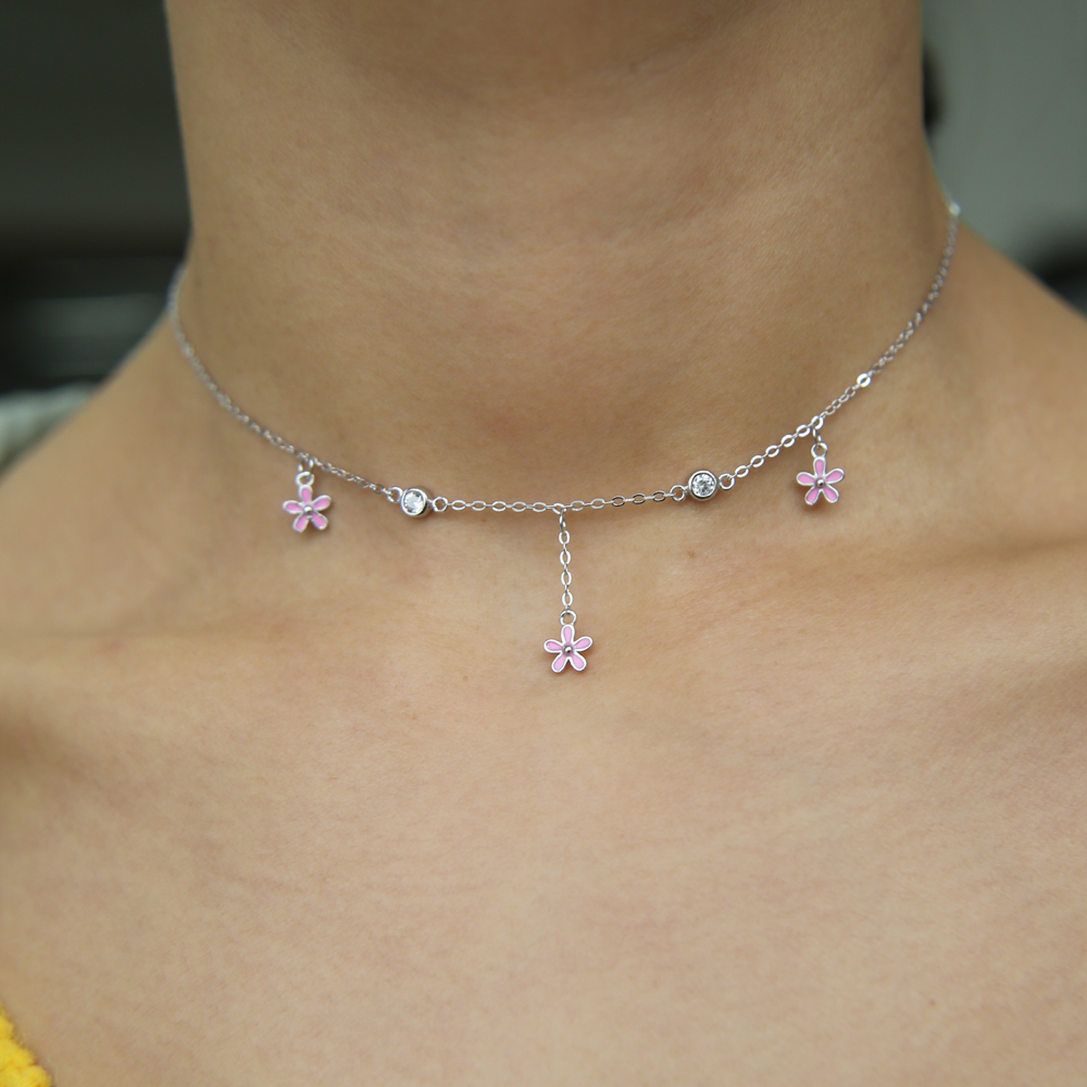 100 925 sterling silver enamel pink black daisy flower charm charm choker fits pandora silver girl gift necklace
