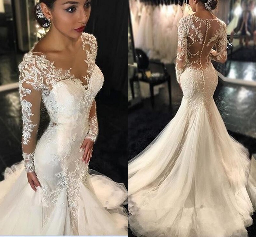Modern Mermaid Wedding Dresses Sexy Long Sleeves Lace Appliques Beaded Sheer Back Plus Size Court Train Custom Wedding Dress Bridal Gowns, White
Modern Mermaid Wedding Dresses Sexy Long Sleeves Lace Appliques Beaded Sheer Back Plus Size Court Train Custom Wedding Dress Bridal Gowns, White