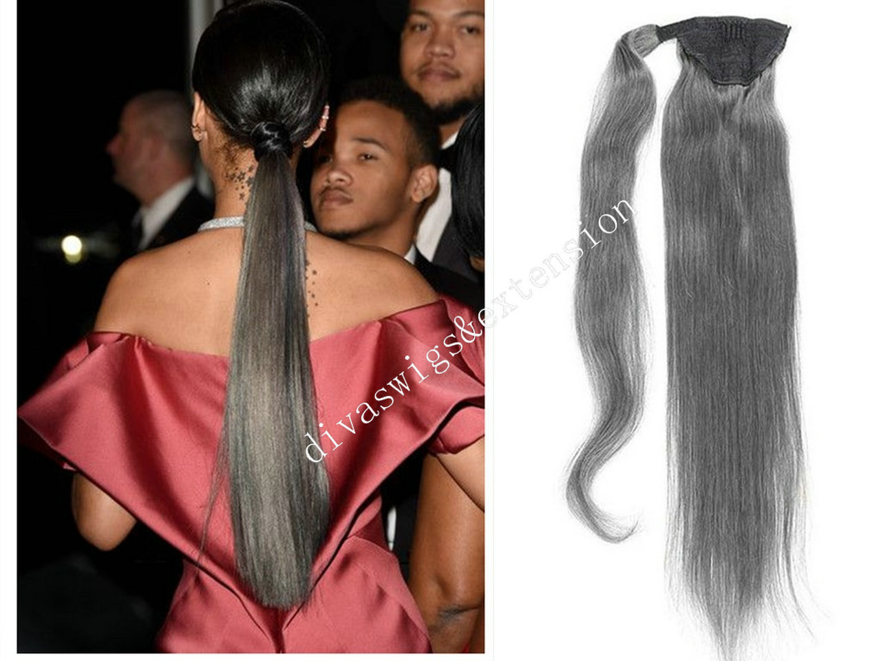 Silver grey human hair pony tail hairpiece wrap around Dye free natural hightlight salt and pepper gray hair ponytail