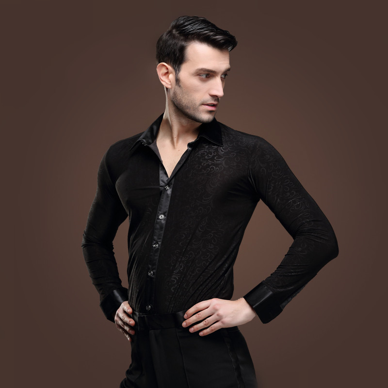 man Latin dance shirt adult black Pattern modern dance costume chacha rumba Samba square dance clothes long sleeve shirt male