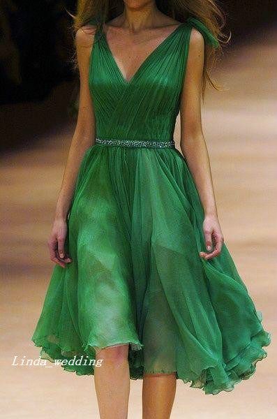 

Deep V Neck Emerald Green Cocktail Dress Alexander M. Knee Length Chiffon Beaded Formal Party Dress