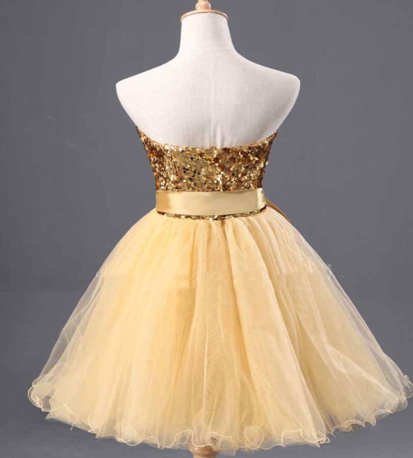 Gold Sequin Tulle Ball Gown Cocktail Dress Short 2016 New Sweetheart Knee Length Party Dress Elegant
