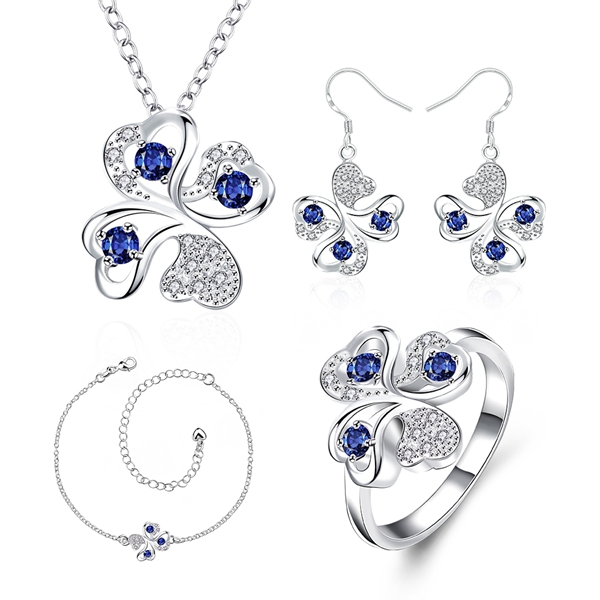 Fashion 925 silver Four Leaf Flower necklace bracelet earring ring a famliy of four jewelry sets STSS034B sterling silver purple gemstone