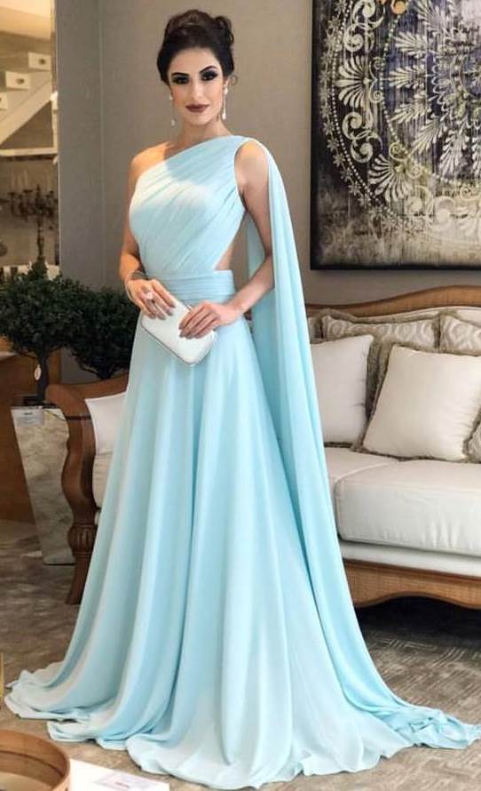 2017 Mint Chiffon Arabic Evening Dresses Long Elegant One Shoulder Ruched Cutaway Side With Shawl Formal Dresses Evening Wear EN9271