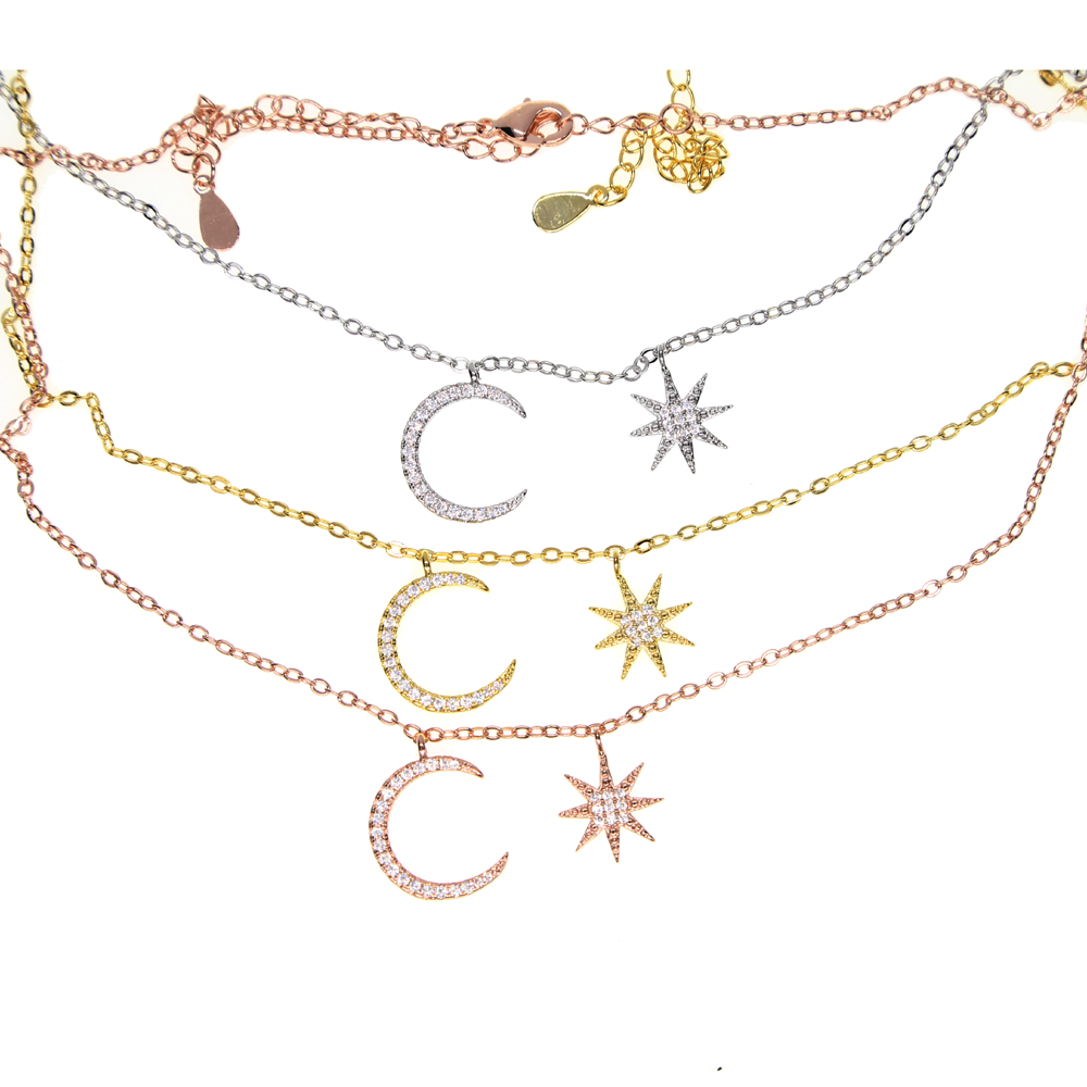 fashion jewelry simple christmas design delicate chain 3 color micro pave cz sparling moon star pendant choker necklace