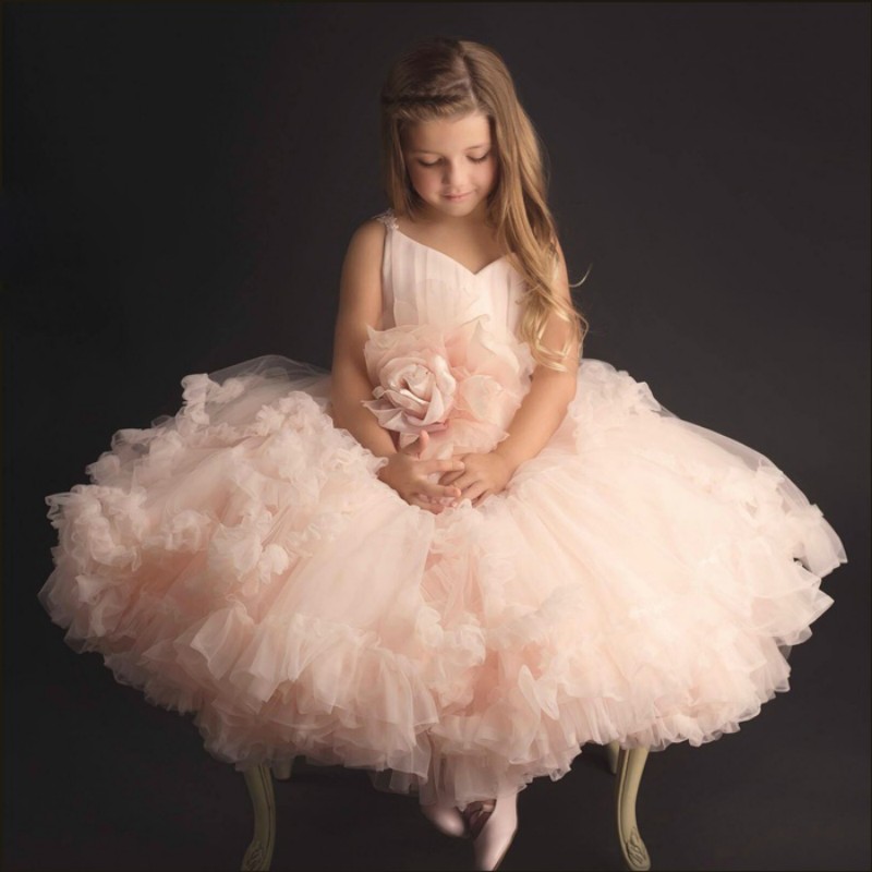 Pink Girls Pageant Dresses Hand Made Flower Ruffle Backless Ball Gown Flower Girl Dress For Wedding Floor Length Birthday Party Wear