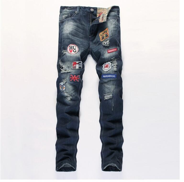 High Quality Jeans Men Fashion Brand Patches Ripped Jeans 2016 New Designer Biker Denim Jeans Straight Hip Hop Skinny Jeans