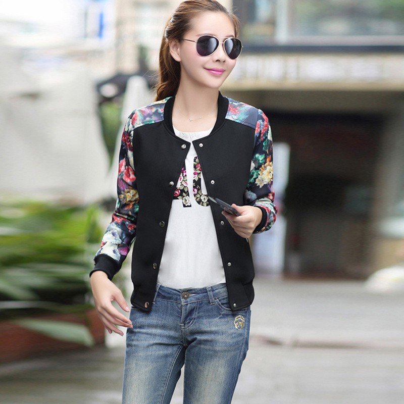 Flower Print Girl Plus Size Casual Baseball high quality Jacket Women Sweatshirts Button Thin Bomber Jacket Long Sleeves Coat