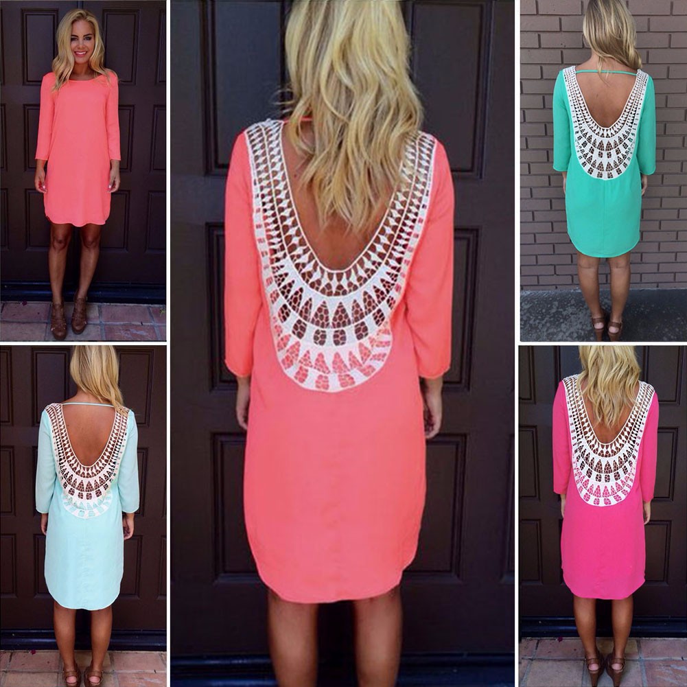 New Sexy Women Chiffon Lace Dresses Lady Solid Color Hollow Long Sleeve Dress S-XXL Free shipping