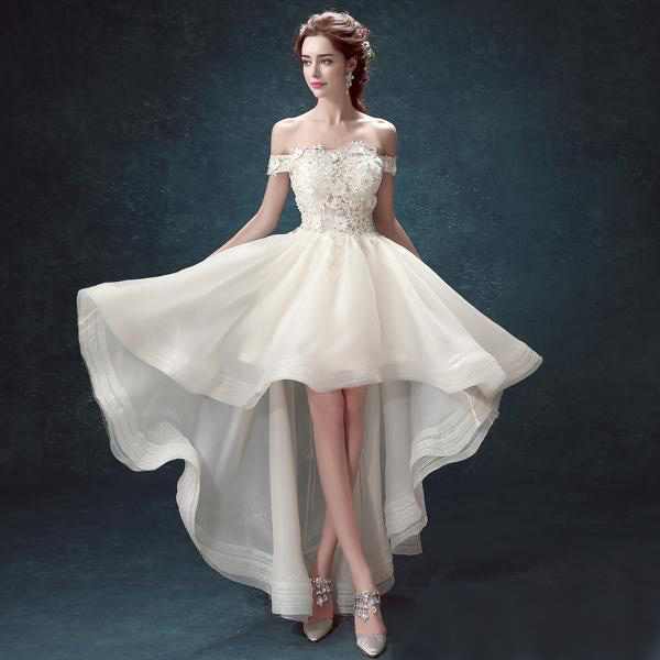 Modest 2016 New Arrivals High Low Wedding Dresses A-line Sexy Off Shoulder Lace Organza Beach Bridal Gowns Custom Made China EN6276