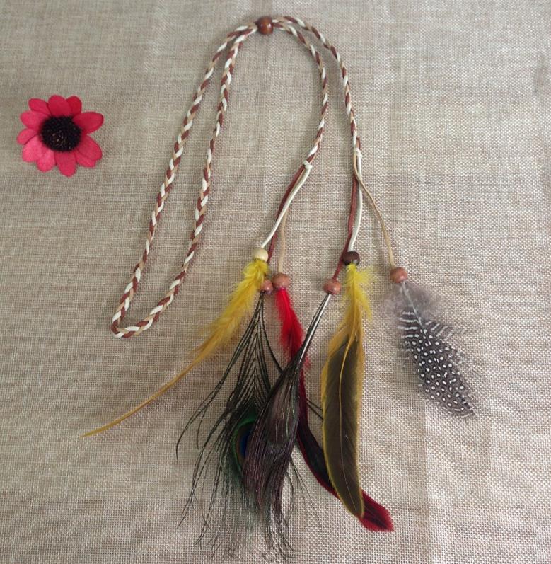 Women Girl suede leather headband bohemian boho Peacock feather Braided Chain hair rope band headbands Hippie Hairband Wrap