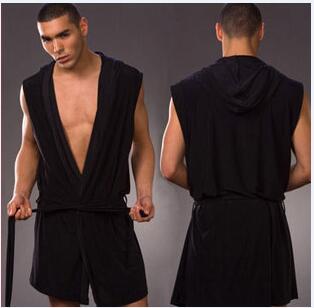 Wholesale-NEW Ice Cotton Men Bathrobe Summer Hooded Sleepwear Robes Leisure Home Sleeveless nightGown Pajama Underwear gay dressing gown