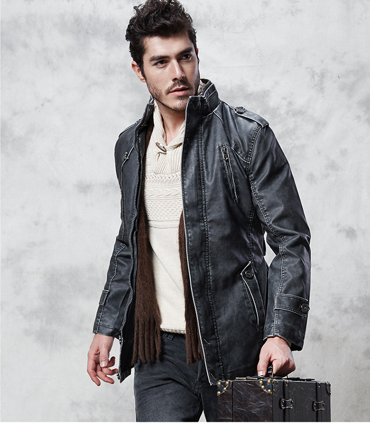 2016 Men's brand PU leather men leather coat men's fleece liner jacket Slim casual men's winter coat black coat