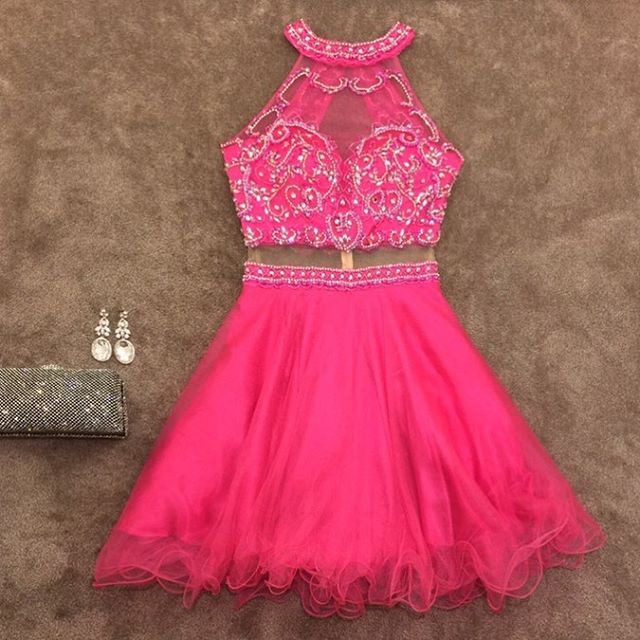 Fuchsia Crystal Two Pieces Prom Dress Short Tulle Skirt A-line Halter Homecoming Dresses Evening Party Dress