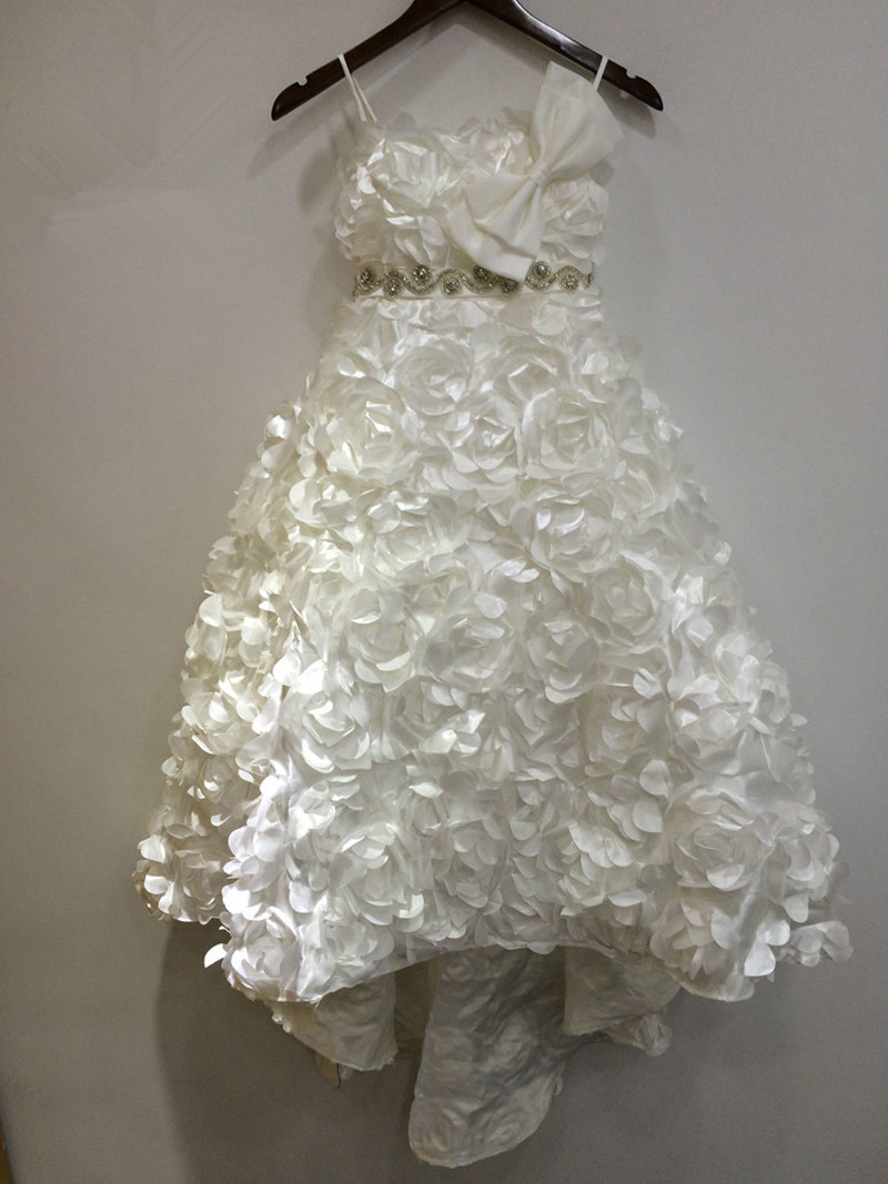 Sexy Princess Crystal Beading Ball Flower Girl Dresses with Bow Hi-Lo Girls Pageant Gown First Communion BF04