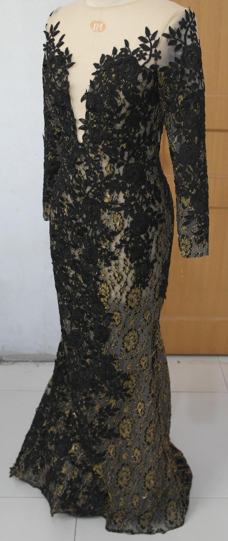 2016 Celebrity Evening Dresses Black Applique with Gold Thread Scoop 3/4 Long Sleeve Mermaid Sweep Train Prom Dresses Real Pictures Dresses