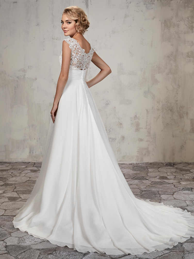 A-line wedding gown features lace top, chiffon skirt, V-neck, pleated empire waist line Bridal Gowns wedding dress